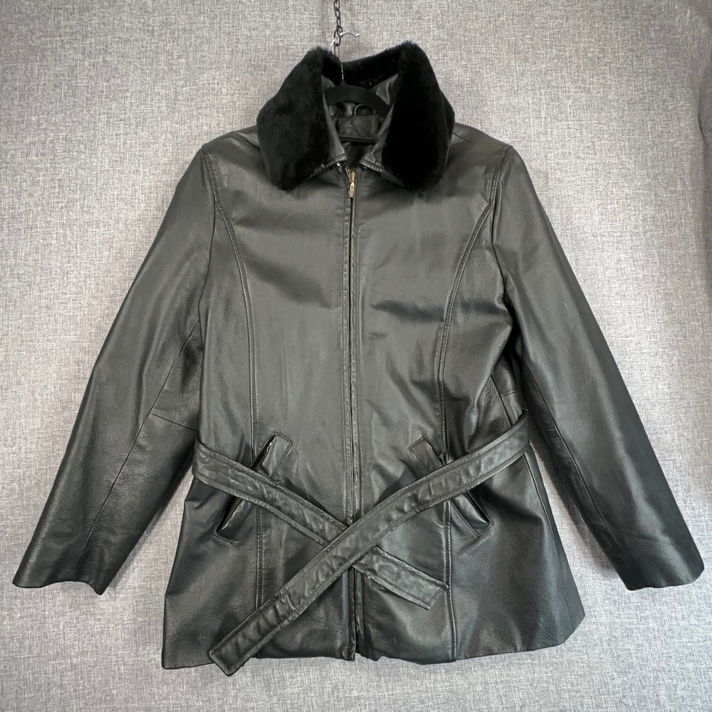 Sergio Vadducci Leather Jacket Womens M Black Fur Collar Belted Zip Trench Coat